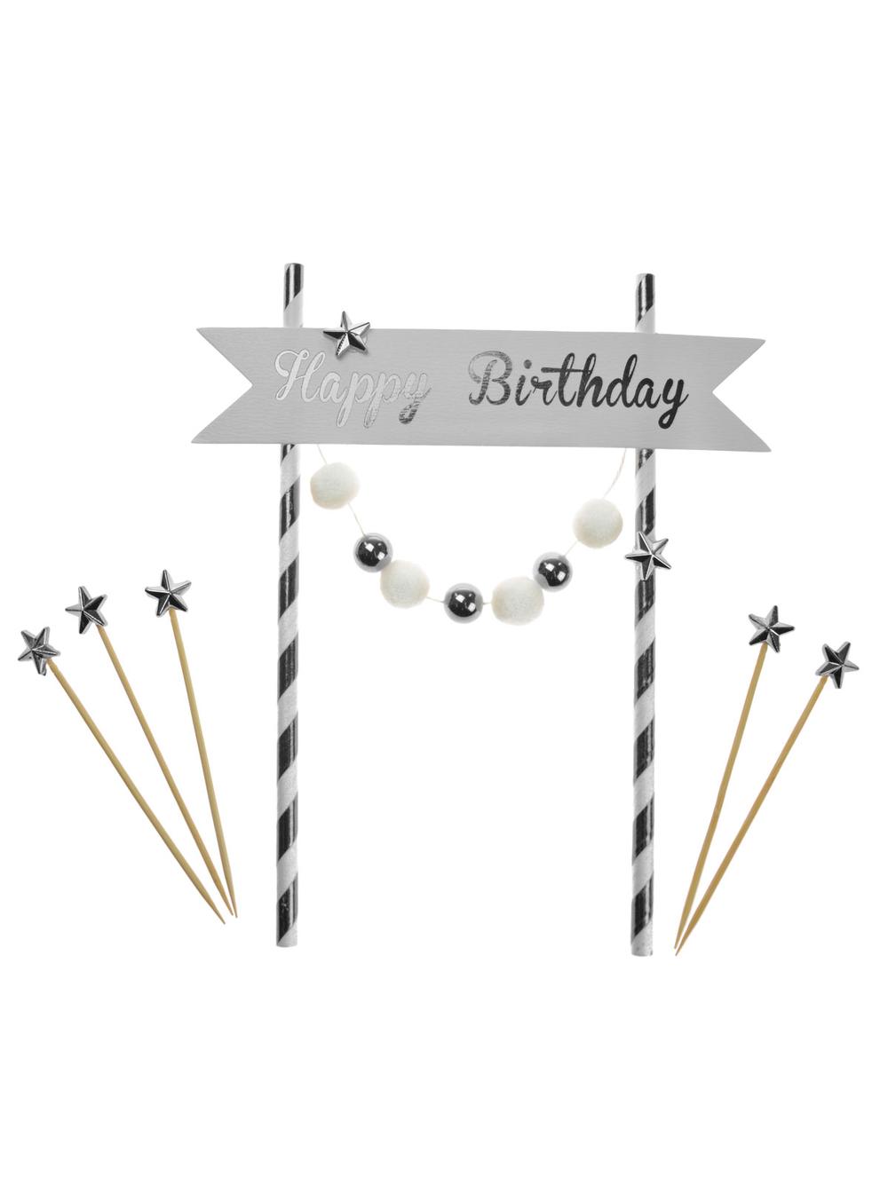 Dekoracja tortu Happy Birthday - pomponiki srebrne