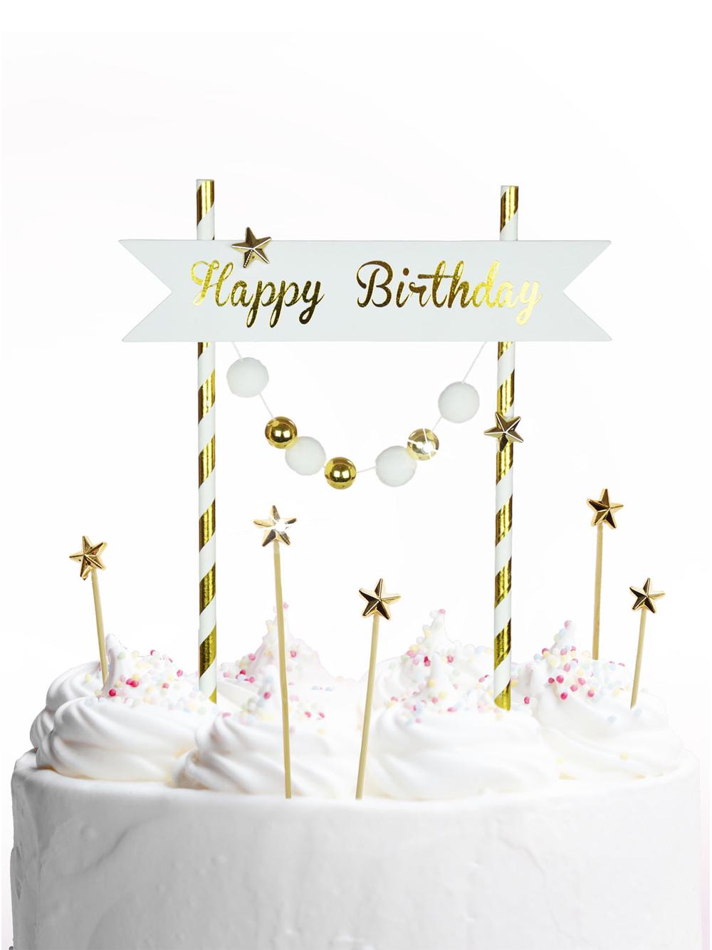 Dekoracja tortu Happy Birthday - pomponiki złote