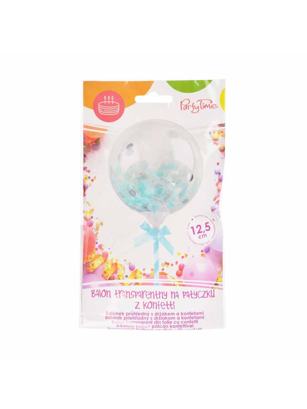 Balon transparentny na patyczku z konfetti niebieskim