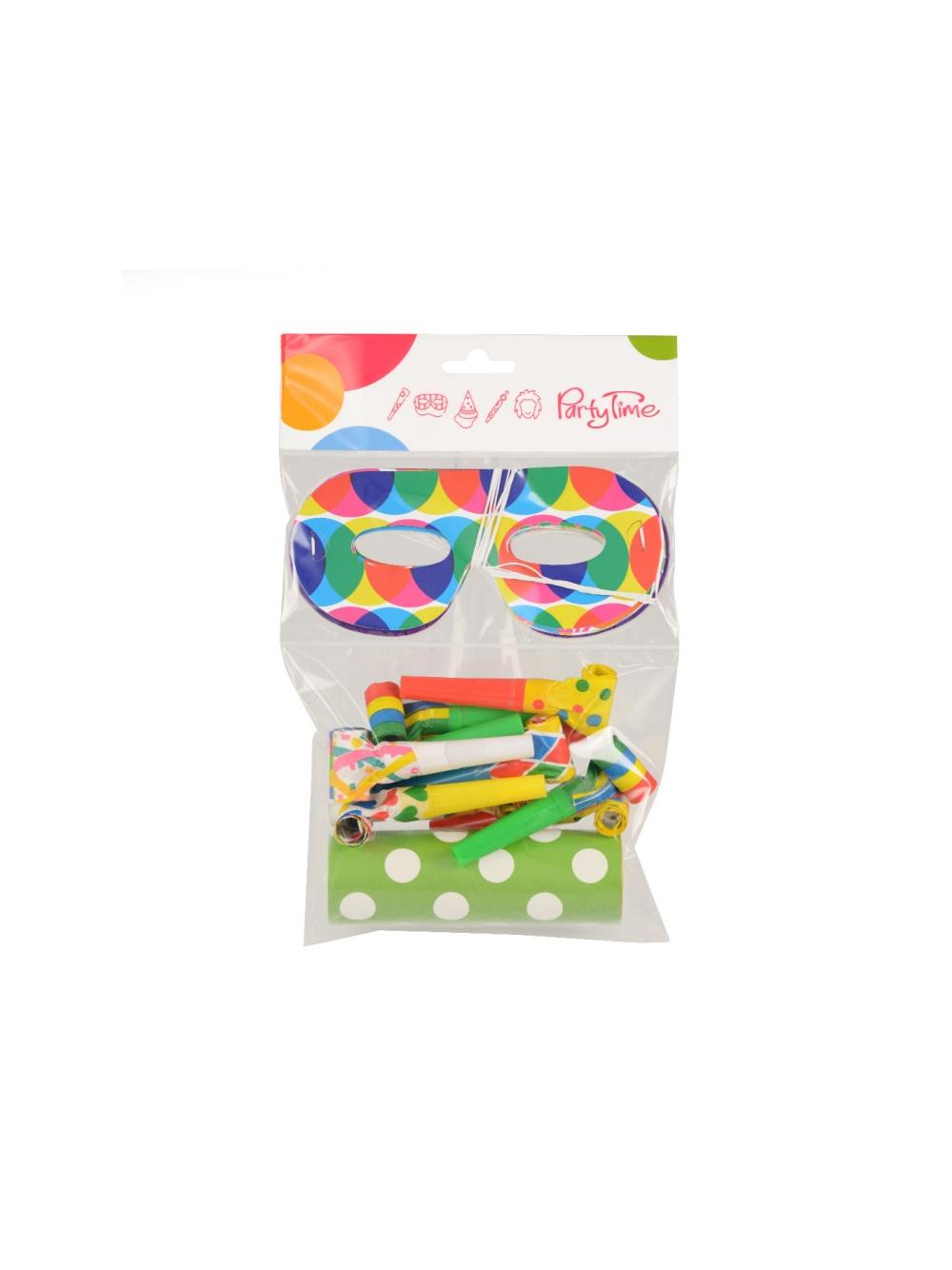 Zestaw party dla 10 osób (10 gwizdków, 10 masek i serpentyna)