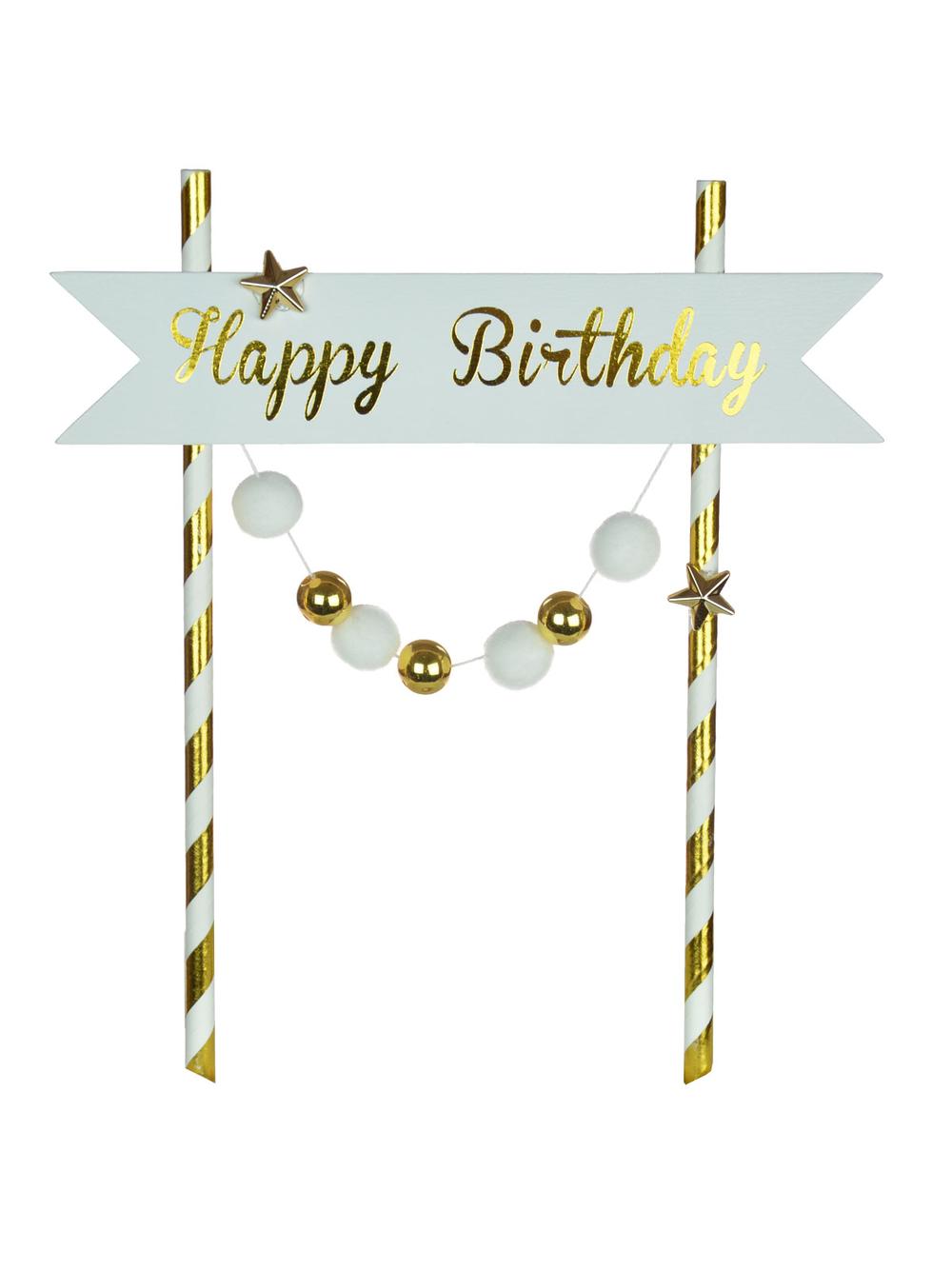 Dekoracja tortu Happy Birthday - pomponiki złote