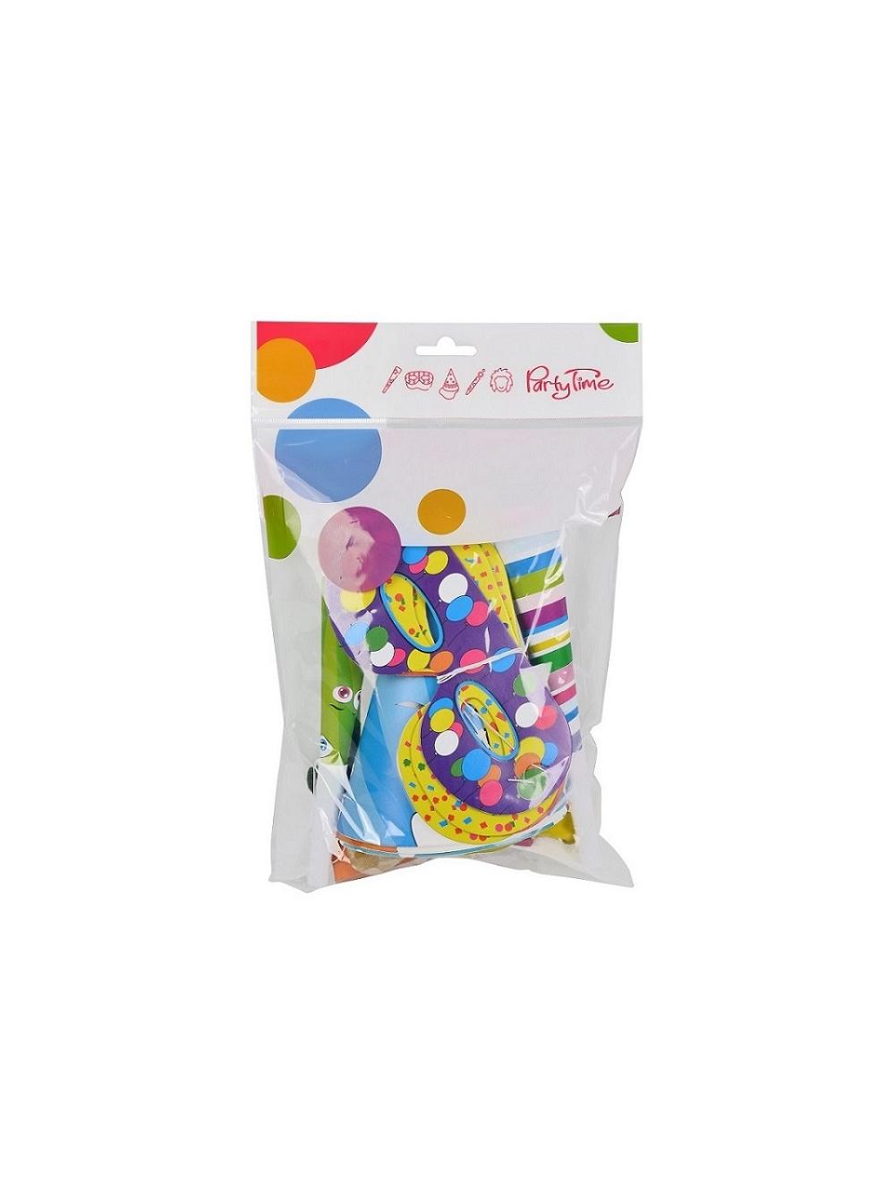 Zestaw party dla 4 osób (4 czapeczki, 2 gwizdki, 2 trąbki, 4 maski, 4 balony pastelowe)
