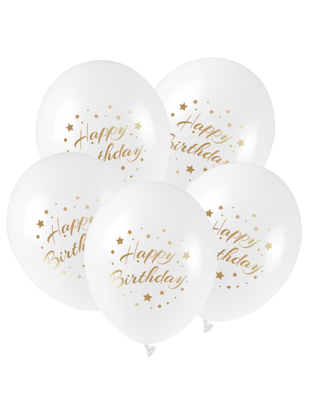 Balony ze złotym nadrukiem Happy Birthday (5 szt.)
