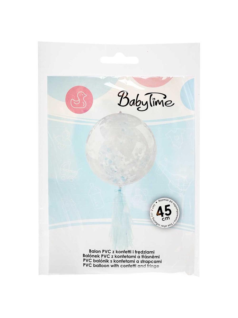 Balon PVC z konfetti i frędzlami - niebieski