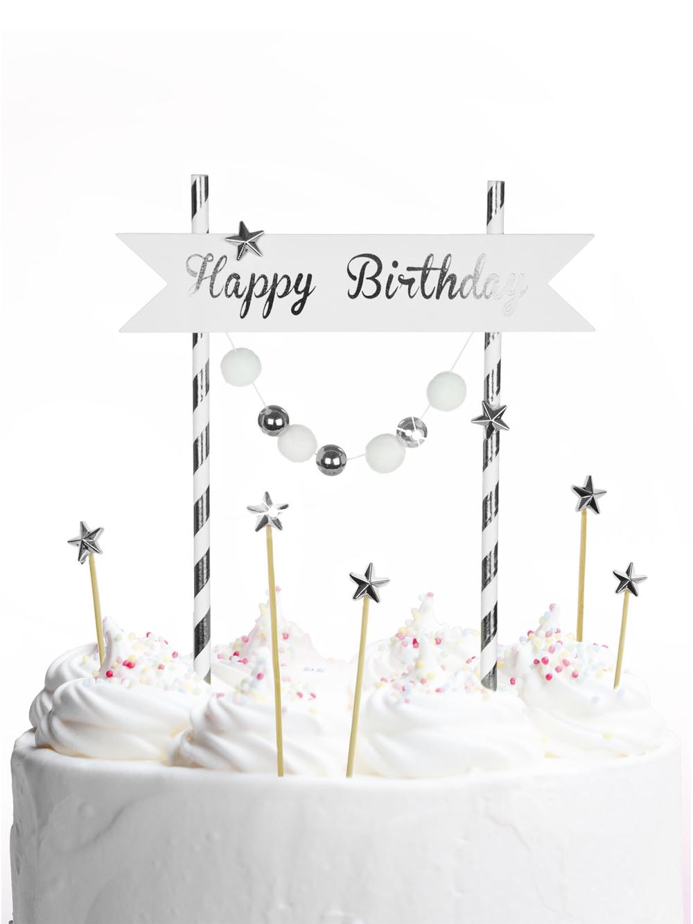 Dekoracja tortu Happy Birthday - pomponiki srebrne