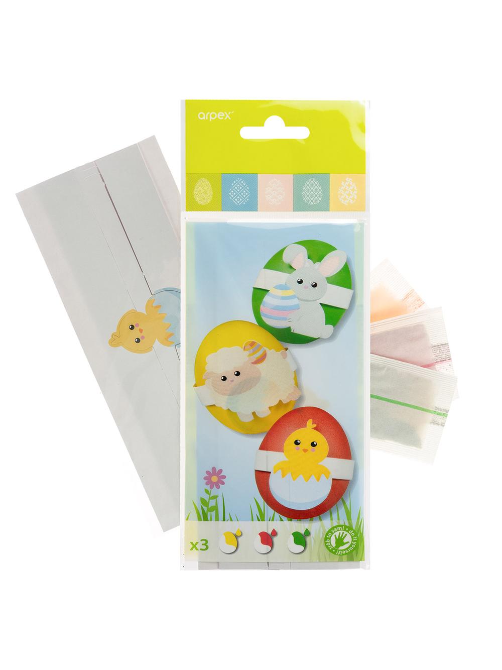 Zestaw do zdobienia pisanek (barwniki 3 szt., papierowy arkusz z postaciami)