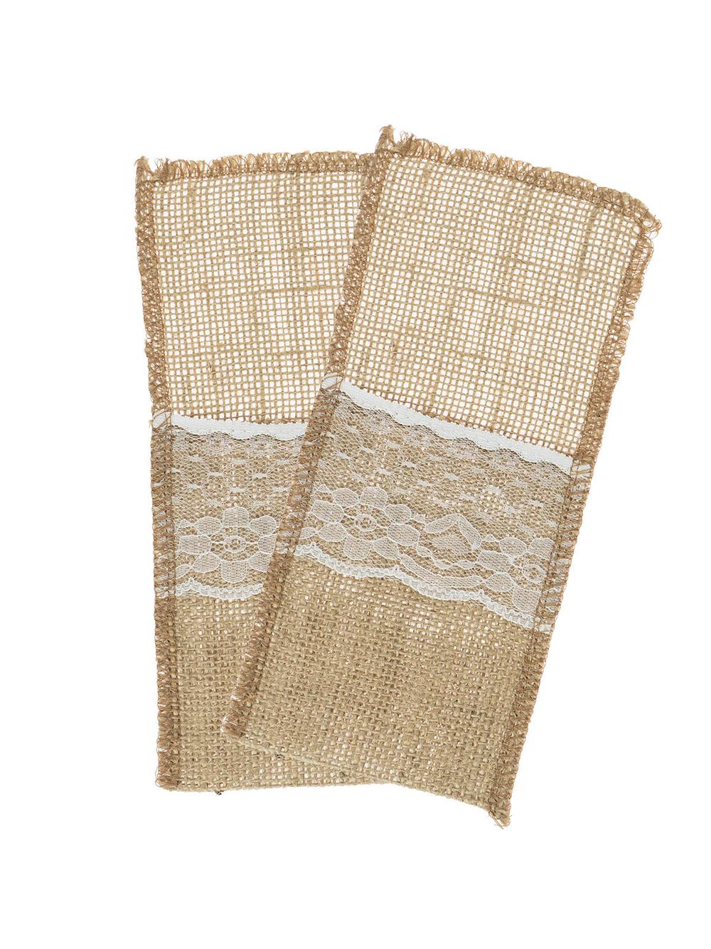 Jutowe etui na sztućce z koronką (2 szt.)
