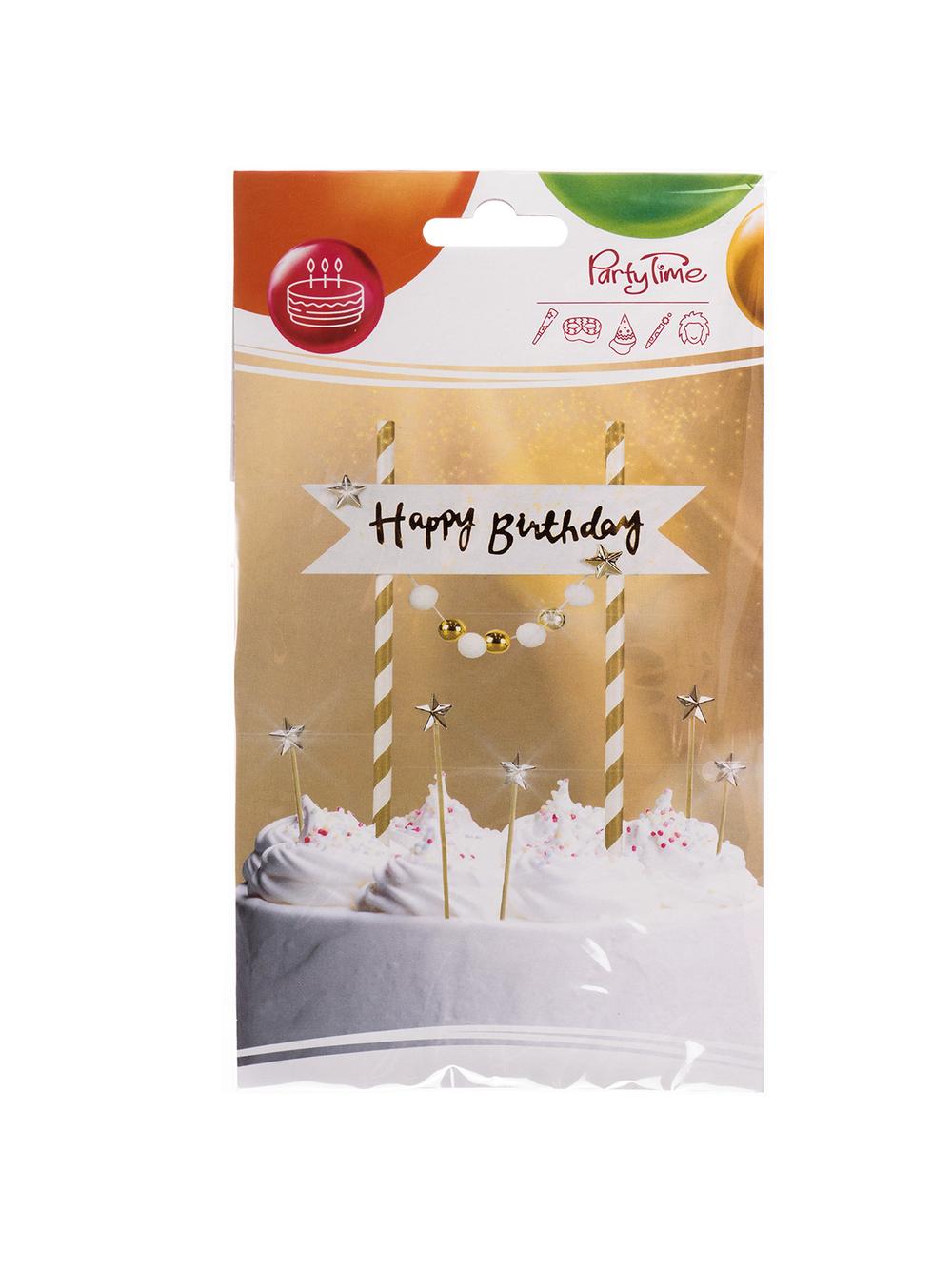 Dekoracja tortu Happy Birthday - pomponiki złote