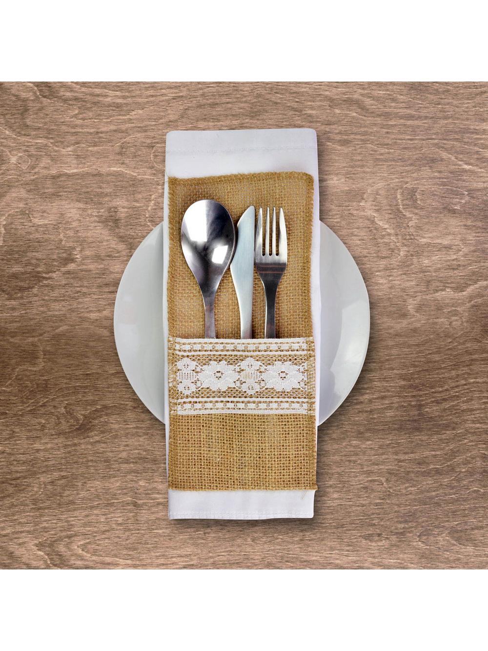 Jutowe etui na sztućce z koronką (2 szt.)