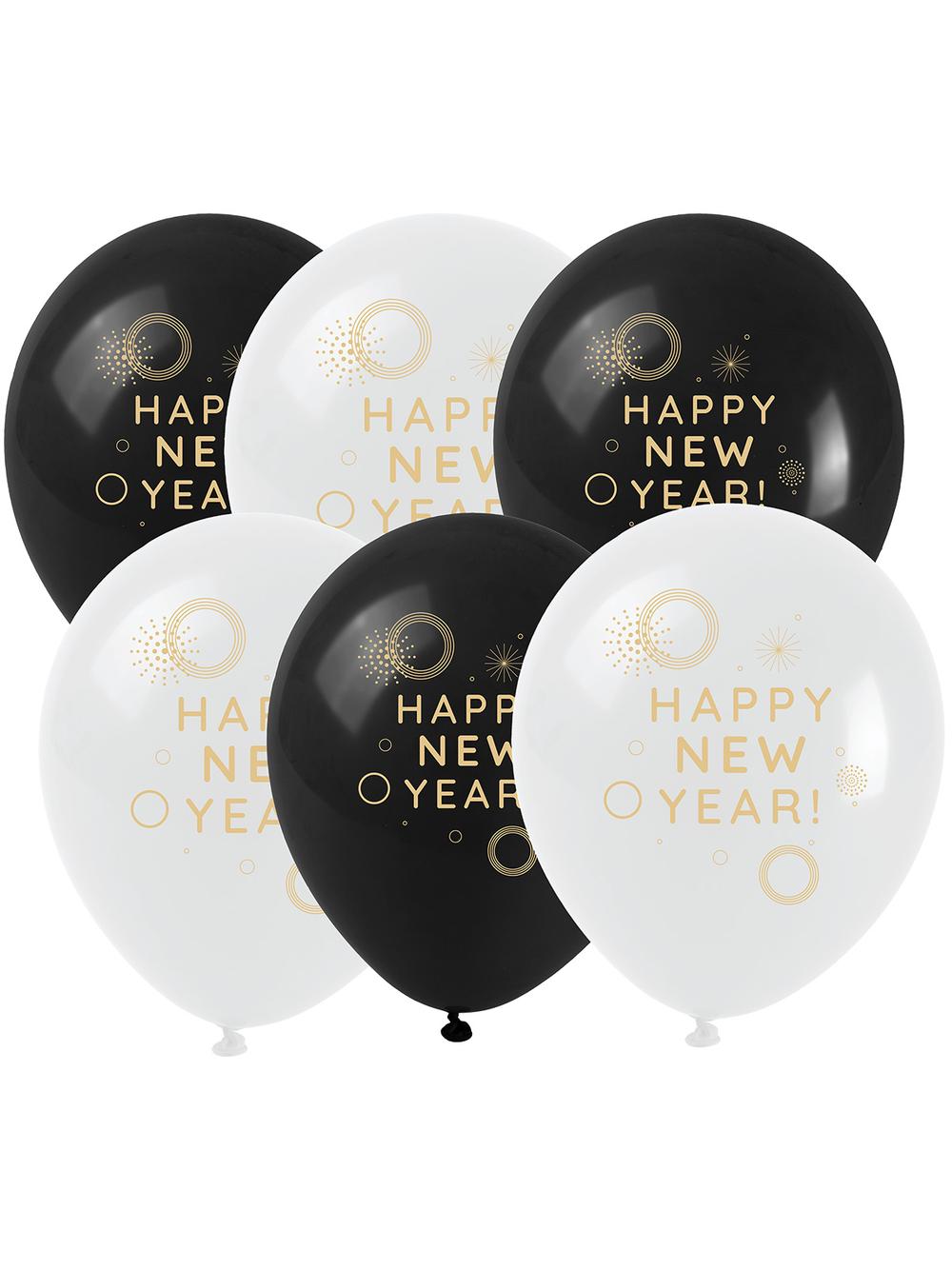 Balony ze złotym nadrukiem Happy New Year (6 szt.)