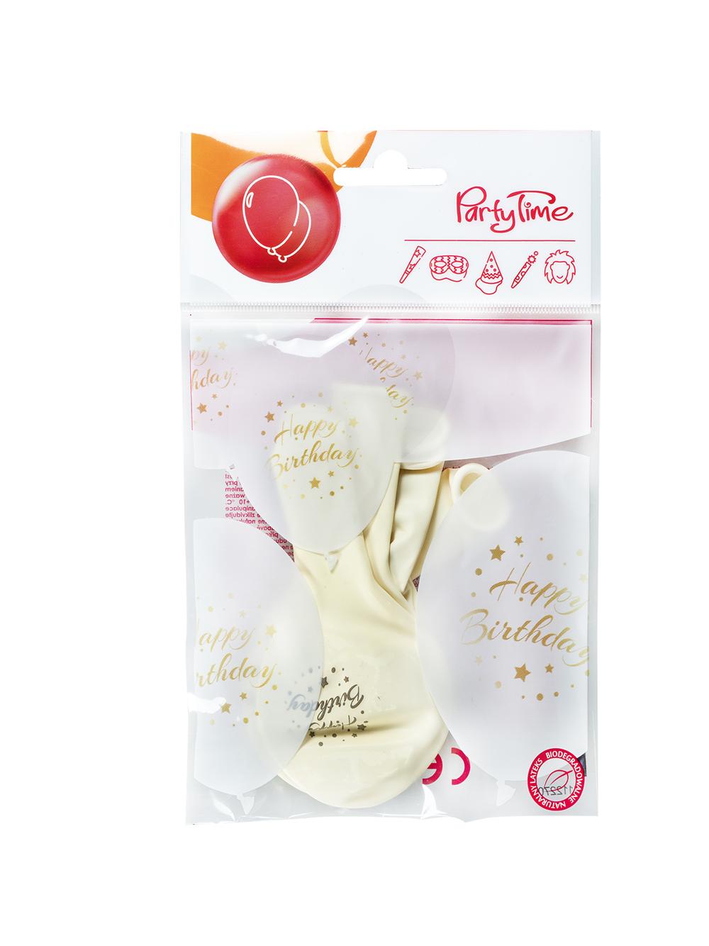 Balony ze złotym nadrukiem Happy Birthday (5 szt.)