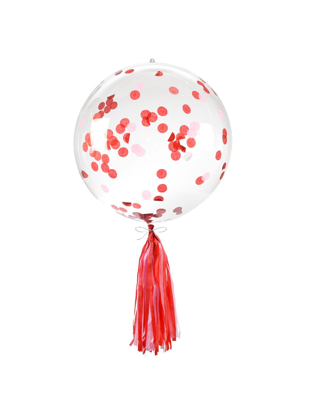 Balon PVC z konfetti i frędzlami - różowoczerwony