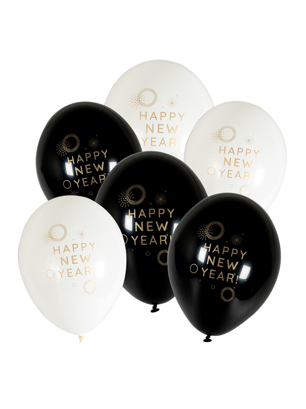 Balony ze złotym nadrukiem Happy New Year (6 szt.)