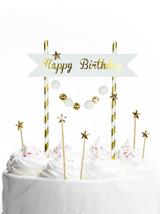 Dekoracja tortu Happy Birthday - pomponiki złote