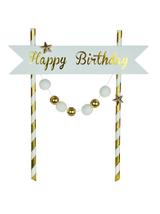 Dekoracja tortu Happy Birthday - pomponiki złote