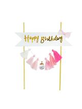 Dekoracja tortu Happy Birthday - frędzelki różowe