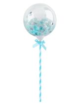 Balon transparentny na patyczku z konfetti niebieskim