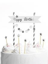 Dekoracja tortu Happy Birthday - pomponiki srebrne