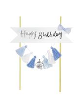 Dekoracja tortu Happy Birthday - frędzelki niebieskie