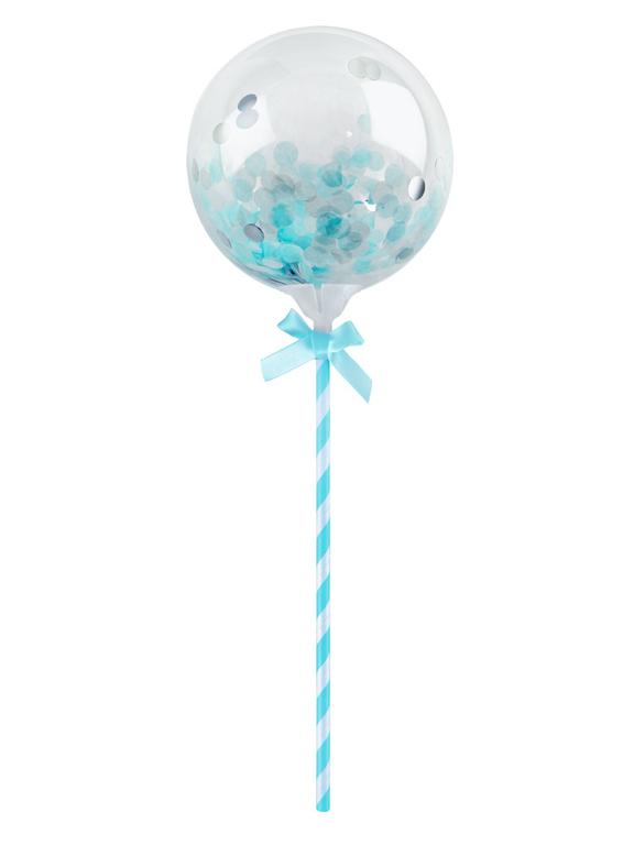Balon transparentny na patyczku z konfetti niebieskim