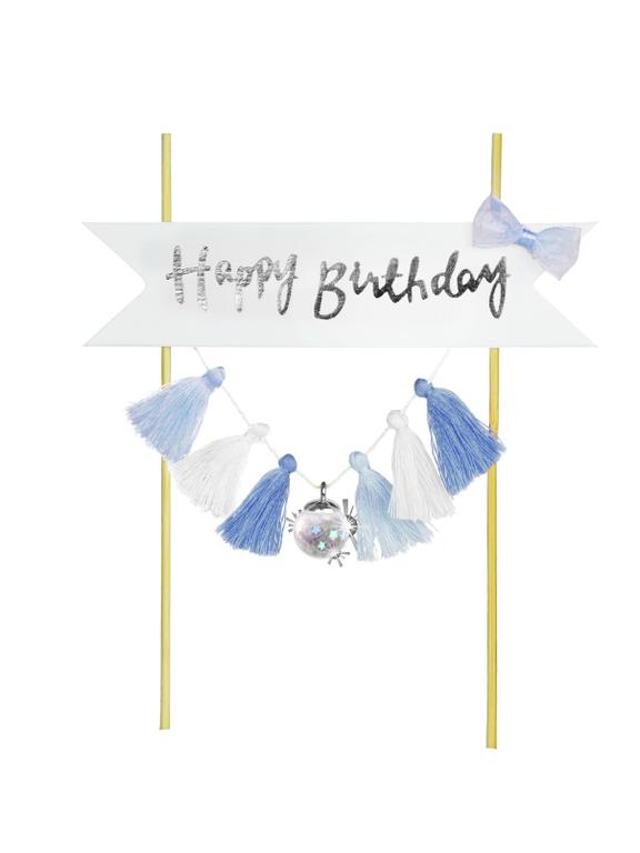 Dekoracja tortu Happy Birthday - frędzelki niebieskie