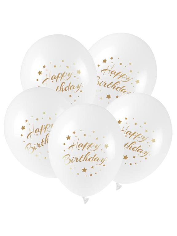 Balony ze złotym nadrukiem Happy Birthday (5 szt.)