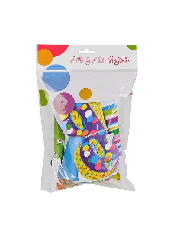 Zestaw party dla 4 osób (4 czapeczki, 2 gwizdki, 2 trąbki, 4 maski, 4 balony pastelowe)