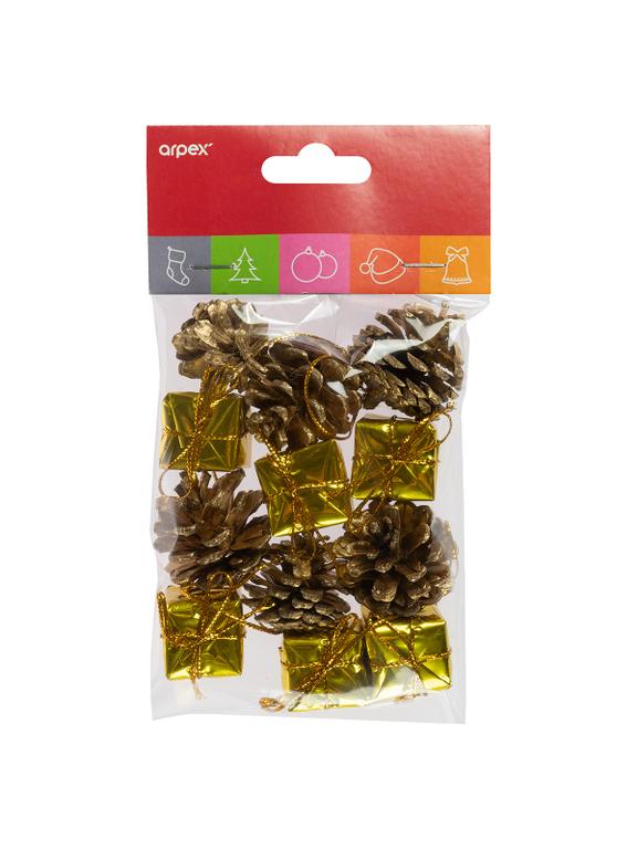 Komplet ozdób choinkowych prezenciki,szyszki (11 szt.) złotych