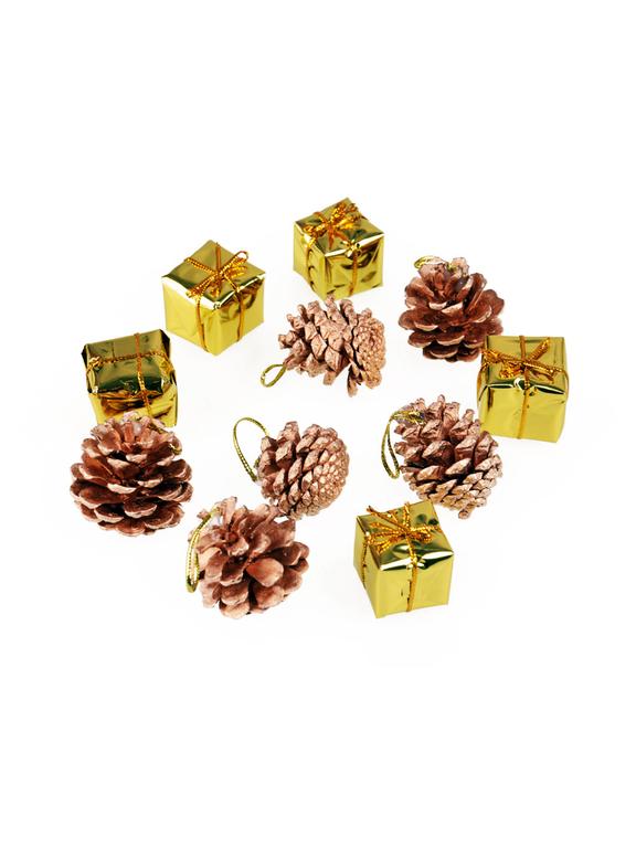 Komplet ozdób choinkowych - prezenciki szyszki (12 szt.) złote
