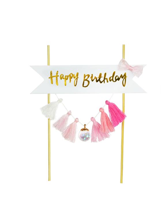 Dekoracja tortu Happy Birthday - frędzelki różowe