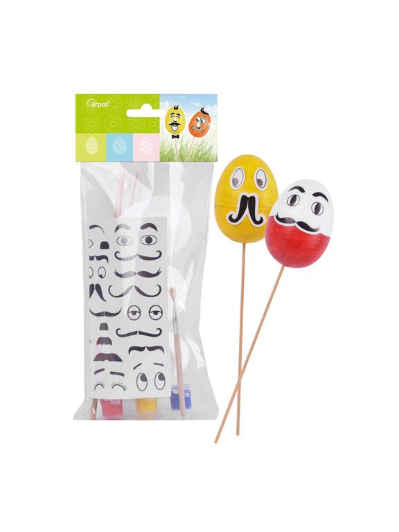 Zestaw dekoracji kreatywnych na piku (jajka x3, wąsiki, farbki)